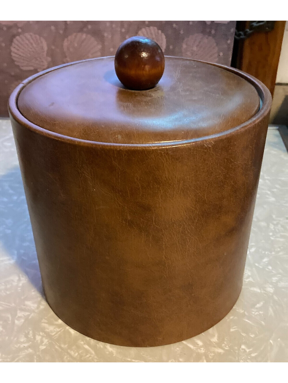 VTG Faux Leather Ice Bucket Brown Vinyl Wood Look w/ Wooden Ball Knob Lid